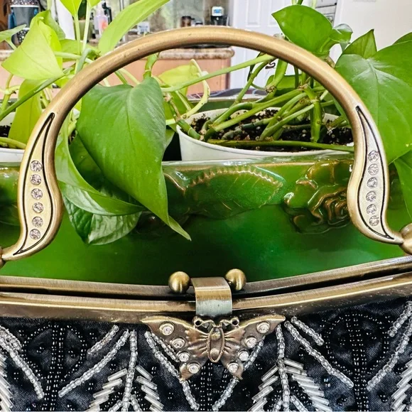 Vintage Black Beaded Handbag w Butterfly Clasp and Chain Strap by Melissa Design - Picture 4 of 14